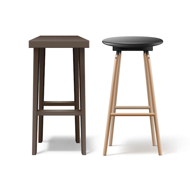 Vector Two Ocher Brown Wooden Bar, White And Dark Wood Bar Stools