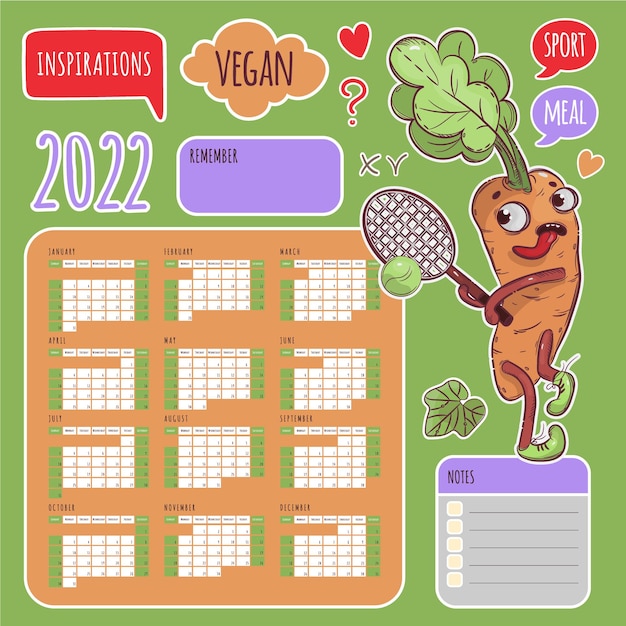 Premium Vector Vegan Stickers Calendar 2022 Year Tennis Carrot Schedule And Collection Labels Design Elements