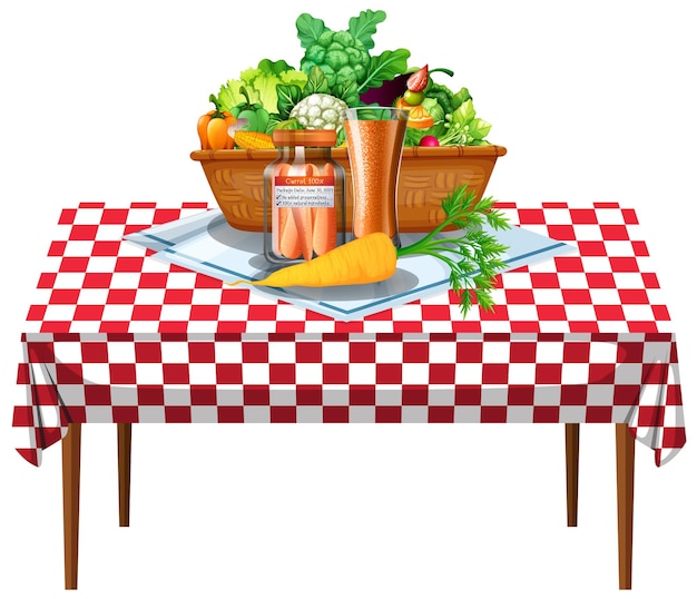 市松模様のテーブルクロスとテーブルの上の野菜や果物 無料のベクター