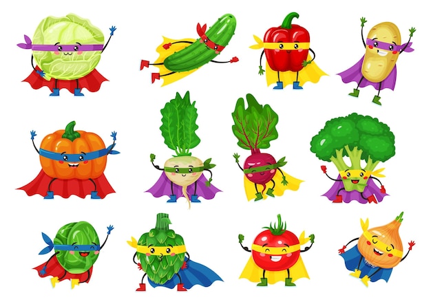 Premium Vector | Vegetable hero characters funny tomato broccoli ...