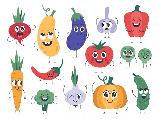 プレミアムベクター 野菜マスコット 幸せなニンジン かわいい キュウリとカボチャのキャラクター 面白いベジタリアンフードマスコット コミック野菜の感情アイコンを設定します キュウリとカボチャ ブロッコリーとトマトの イラスト