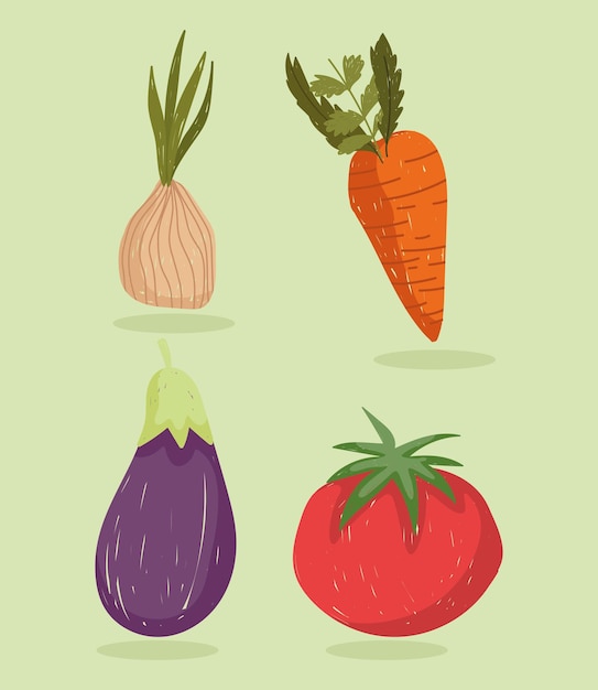 野菜生鮮食品有機ニンジンタマネギナスとトマトアイコンセットイラスト プレミアムベクター