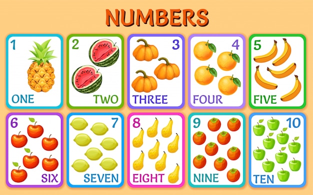 Vegetables and fruits. children cards numbers. Free Vector