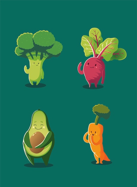 野菜カワイイかわいいブロッコリービートアボカドニンジン漫画スタイルベクトルイラスト プレミアムベクター