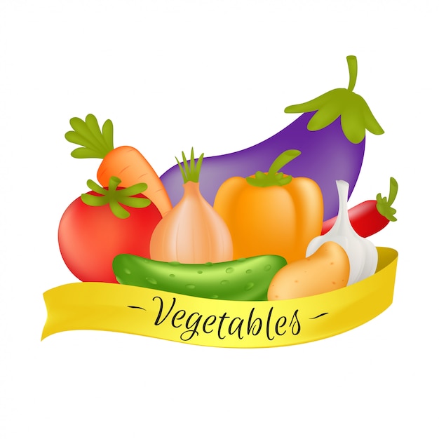 野菜は黄色いリボンで設定します ニンジン キュウリ パプリカ ジャガイモ ニンニク タマネギ トマト ナス ピーマンの白い背景で隔離の野菜と漫画健康食品のコンセプト プレミアムベクター
