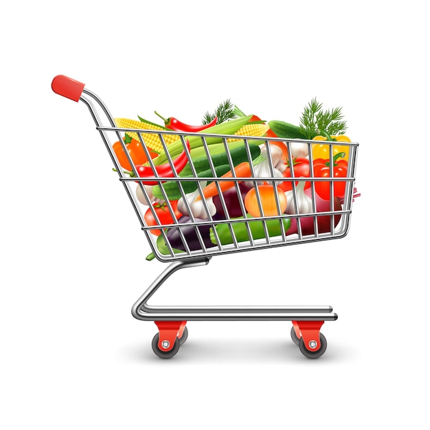 Vegetables shopping realistic concept with shopping cart and goods ...