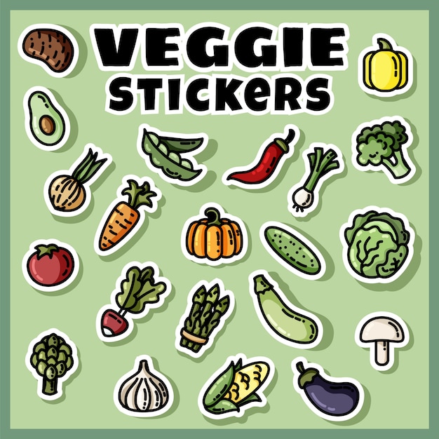 Vegetables stickers colorful set. collection of veggie flat labels Premium Vector