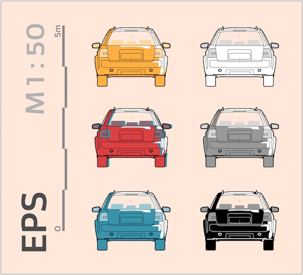 車の車の図面の異なる色 背面図に設定 プレミアムベクター