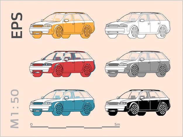 車の車の図面の異なる色 側面図に設定 プレミアムベクター