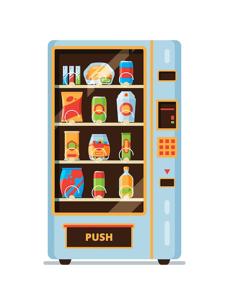 Vending machine. snack crackers junk food soda drinks saling in vending