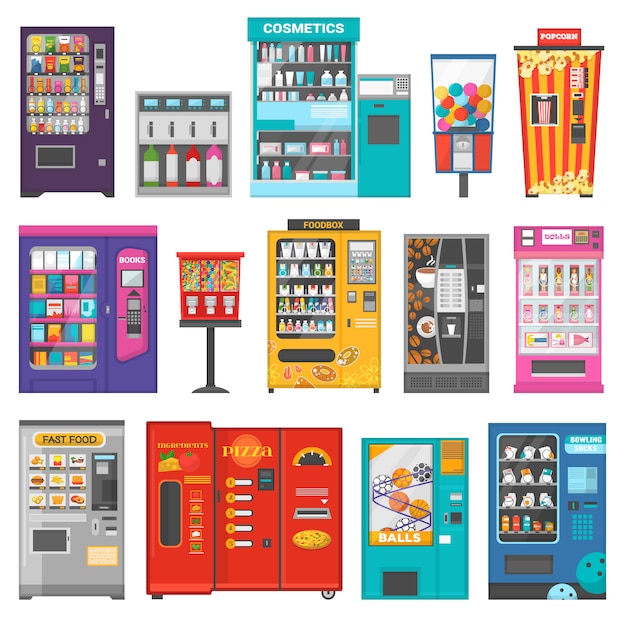 自動販売機ベクトル販売食品や飲料 白で隔離スナックやドリンクのイラストセットを購入するベンダー機械技術 プレミアムベクター