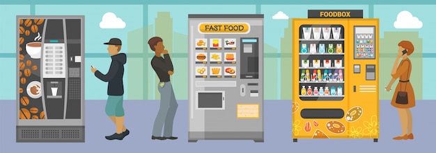vending machines with different food drinks illustration people choosing various snacks beverages coffee crackers cookie hamburger from indoors automats 109722 527