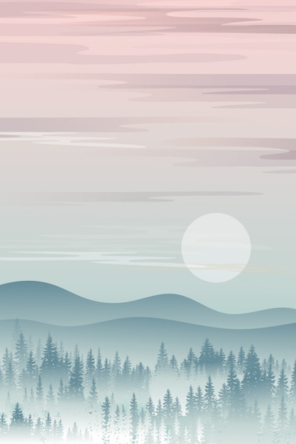 Premium Vector Vertical Mountain Landscape With Silhouettes Of Misty Pine Trees In Forest With Sunrise Peaceful Panoramic Natural In Minimalist Style Natural Background Concept