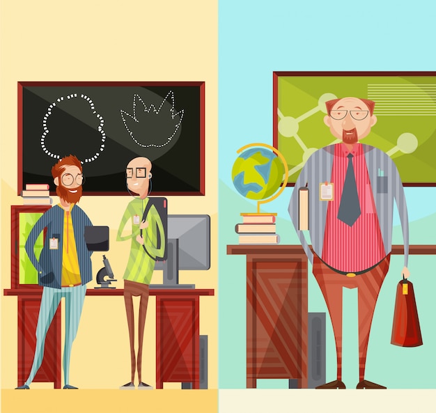 Vertical retro banners with talking teachers near desk, educational specialist with briefcase and book isolated vector illustration Free Vector