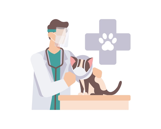 動物病院のイラストでかわいい猫をチェックするとき 獣医はフェイスマスクとフェイスシールドを着用します プレミアムベクター