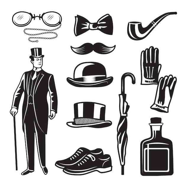 紳士クラブのためのビクトリア朝様式のモノクロイラスト 写真セット スーツ アクセサリー傘 手袋の英国紳士服 プレミアムベクター