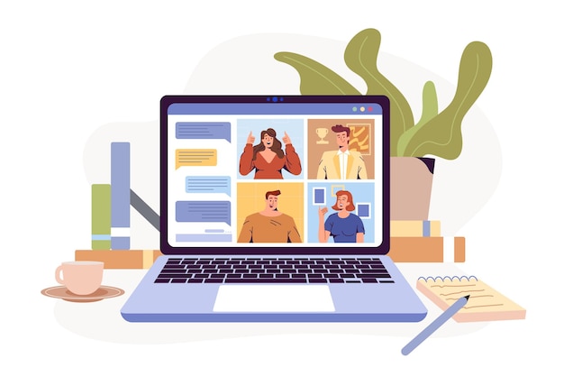 Video conference remote working flat illustration screen laptop with group of colleagues people conn... Free Vector