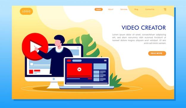 Video creator multimedia development website landing page Premium Vector