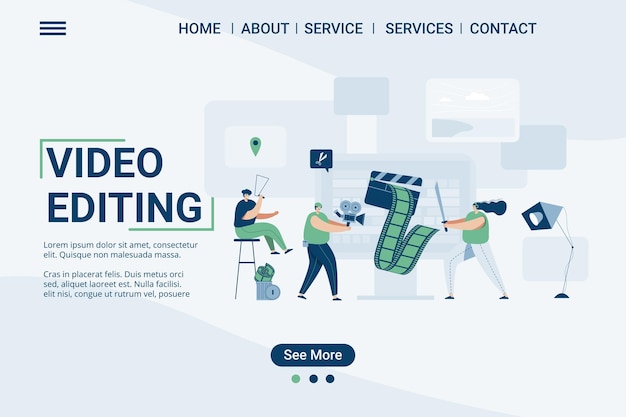 Free Vector Video Editing Landing Page Web Template Video Studio Cartoon Style Illustration