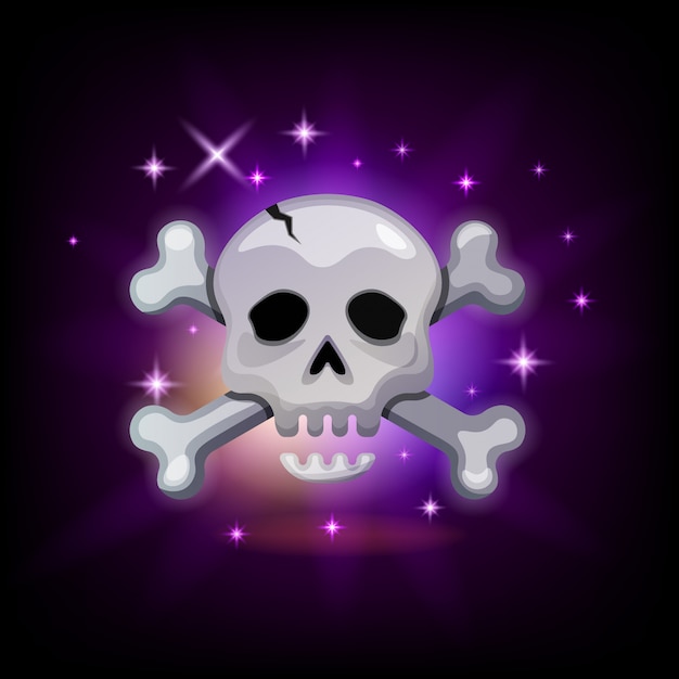 キラキラの海賊頭蓋骨と暗い背景 グラフィックユーザーインターフェイス 漫画のスタイルのイラストのどくろのビデオゲームアイコン プレミアムベクター
