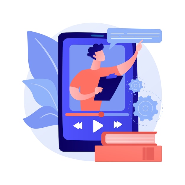 Video tutorial watching. online lecture, internet course, digital lesson. tutor cartoon character. video call, seminar, remote education Free Vector