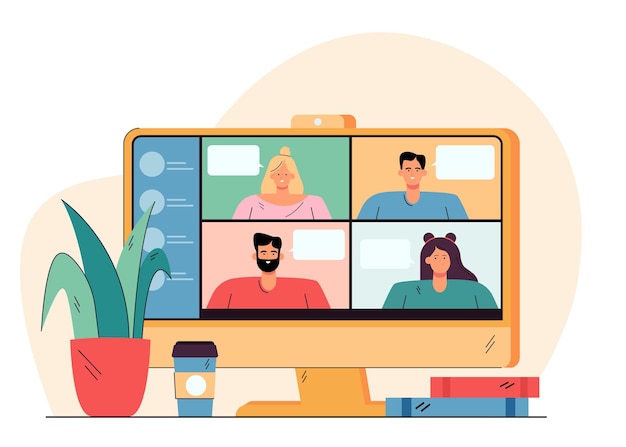 Videoconference with happy people on desktop flat illustration Free Vector