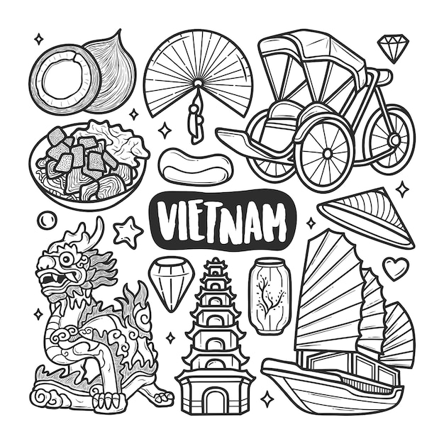 Vietnam icons hand drawn doodle coloring | Free Vector