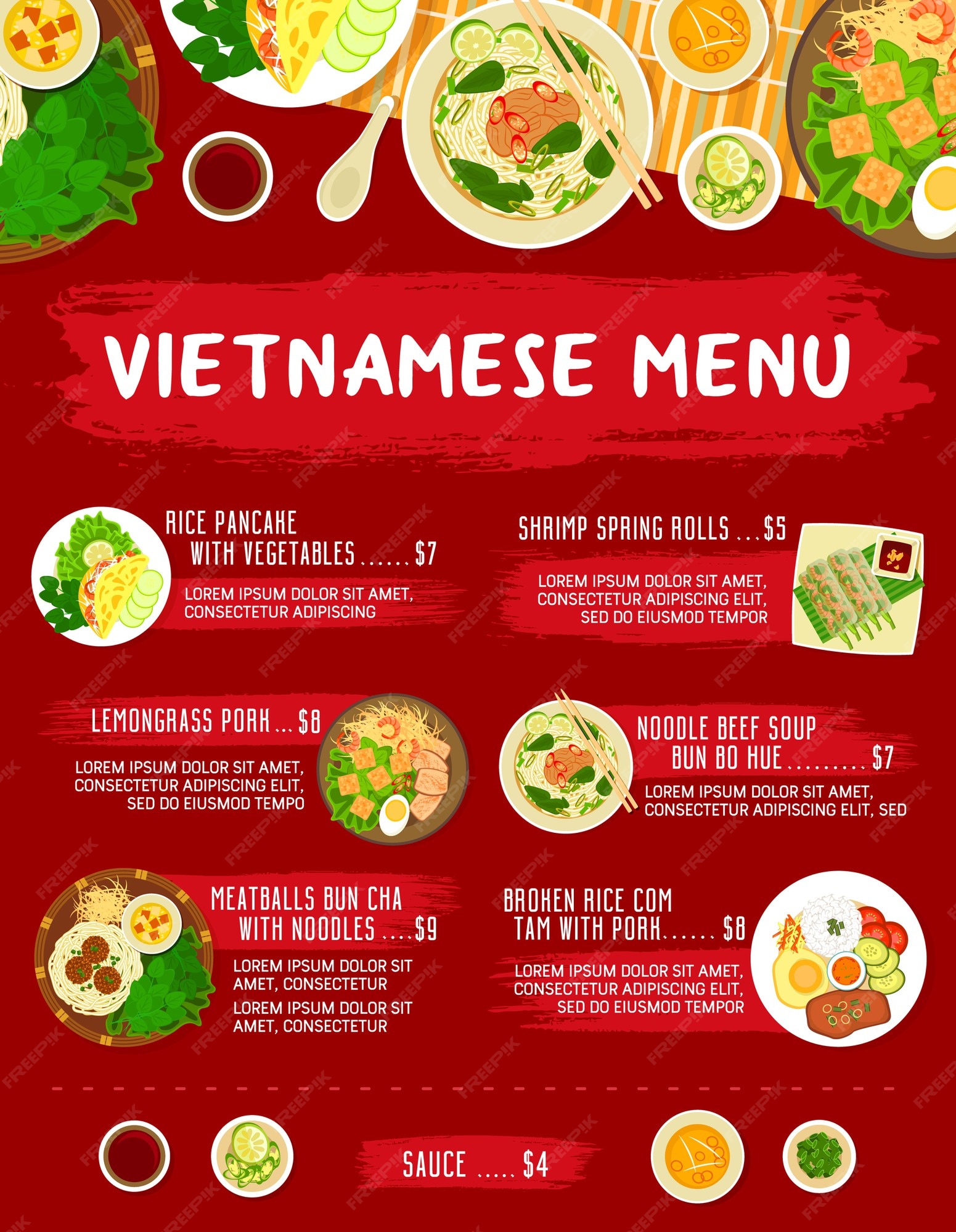 Premium Vector | Vietnamese restaurant meals menu.