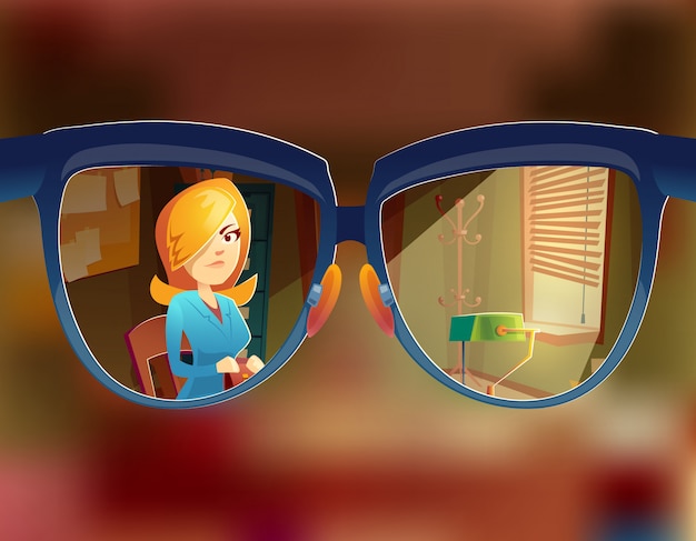 View from the glasses at woman customer. Myopia, short-sightedness concept Free Vector View from the glasses at woman customer. Myopia, short-sightedness concept Free Vector