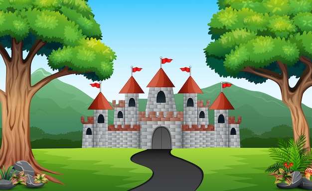 Premium Vector | View of the road to castle from the front