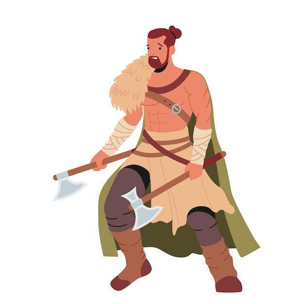 Premium Vector Viking With Naked Torso And Battle Axes Scandinavian Warrior Bearded Male