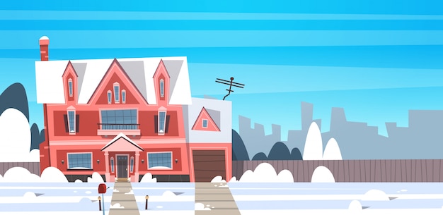 Village winter landscape house building with snow on top city or town suburb street Premium Vector