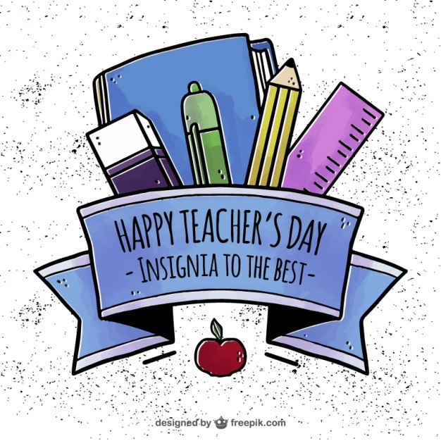Vintage background of happy teacher day with\
hand-drawn materials