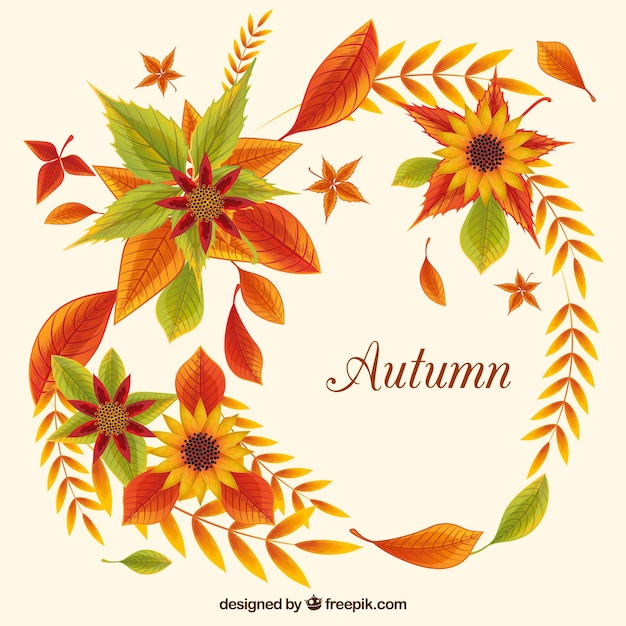 Vintage background of sunflowers and autumn
leaves