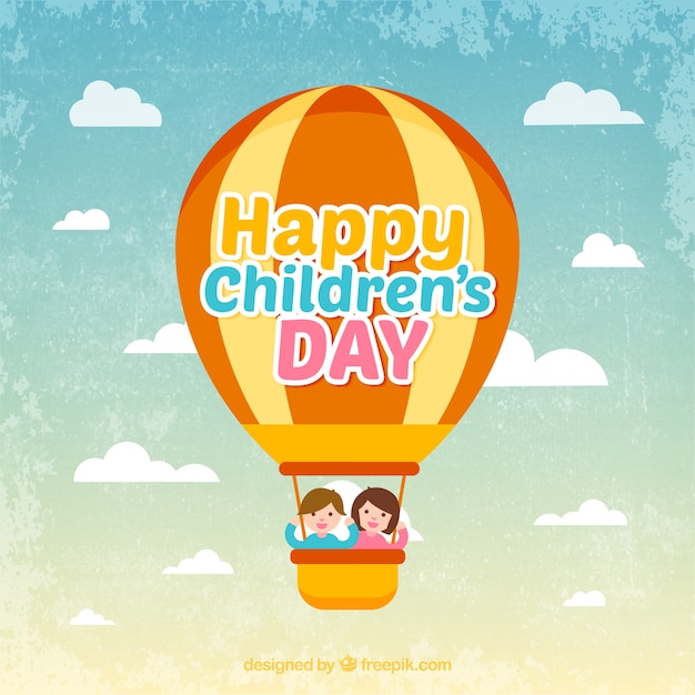 Free Vector | Vintage background with an hot air balloon and two kids