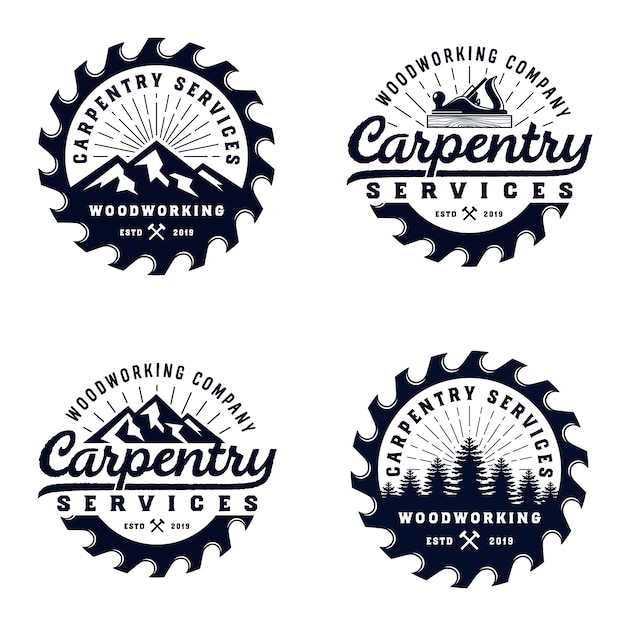 Vintage badge wood carpentry logo template with mountain 