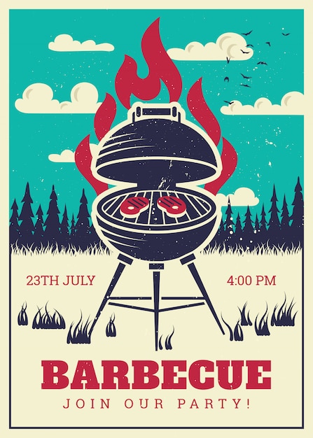 Vintage bbq grill party poster. delicious grilled burgers and family barbecue Premium Vector