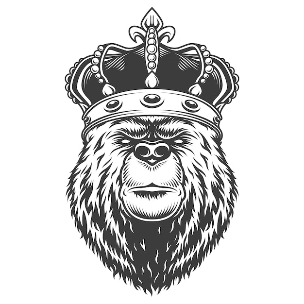 Free Vector Vintage Bear Head In Royal Crown