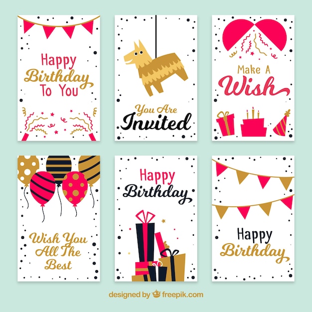 Download Vintage birthday card pack with golden details Vector ...