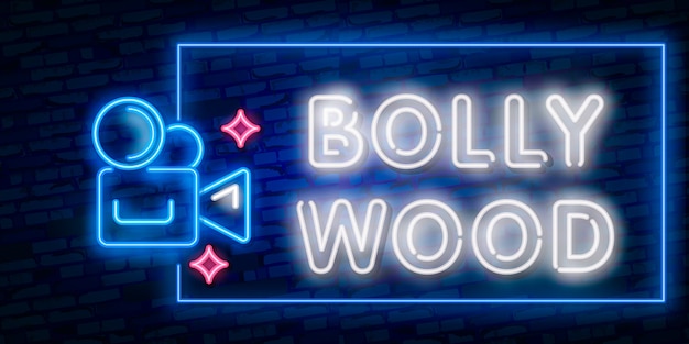 Vintage bollywood movie signboard. glowing retro indian cinema neon vector sign. Premium Vector