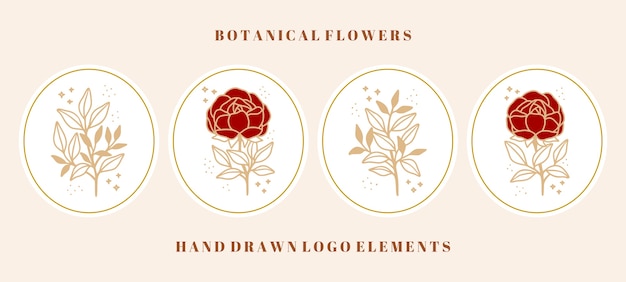 美容ブランドまたはフェミニンな花のロゴのヴィンテージ植物のバラ 牡丹の花 葉の枝の要素コレクション プレミアムベクター