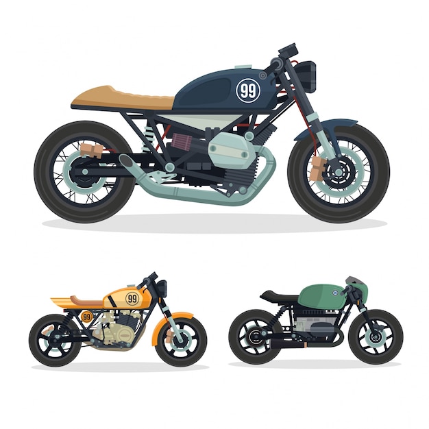 Vintage Cafe Racer Motorcycle Illustration Set