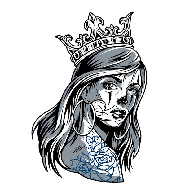 Vintage chicano girl wearing crown | Free Vector