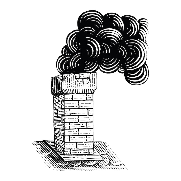 分離されたヴィンテージの煙突の手描きの彫刻イラスト黒と白のクリップアート プレミアムベクター