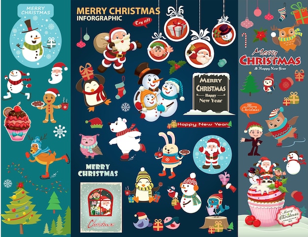 Premium Vector | Vintage christmas poster design with christmas characters