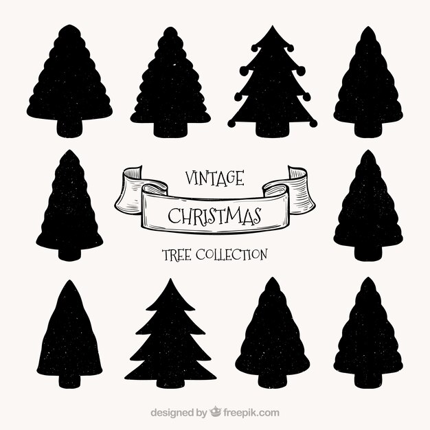 クリスマスツリーのシルエットのヴィンテージコレクション 無料のベクター