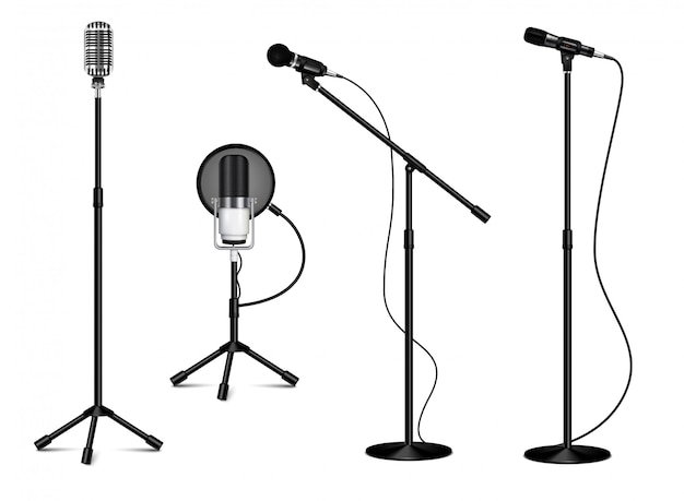 Vintage collection of standing professional microphones with wire on white background in realistic style isolated  illustration Free Vector