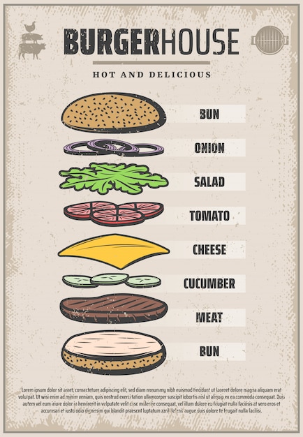 Free Vector | Vintage colored hamburger ingredients poster with bun ...