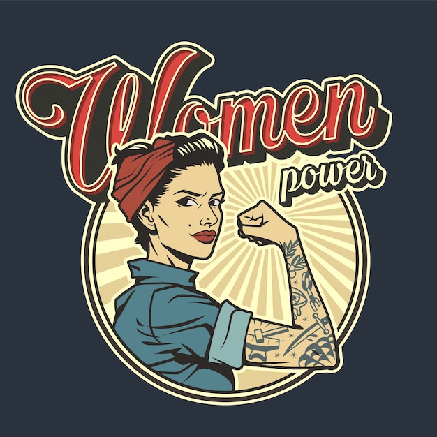 Download Vintage colorful woman power badge | Free Vector