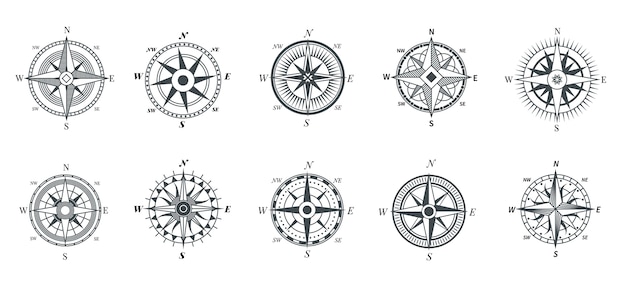 ヴィンテージコンパス 航海風配図 旅行地図用コンパス ヴィンテージの航海矢印記号 レトロなアウトラインセット コンパス旅行 海の冒険のイラストのための古い風配図 プレミアムベクター